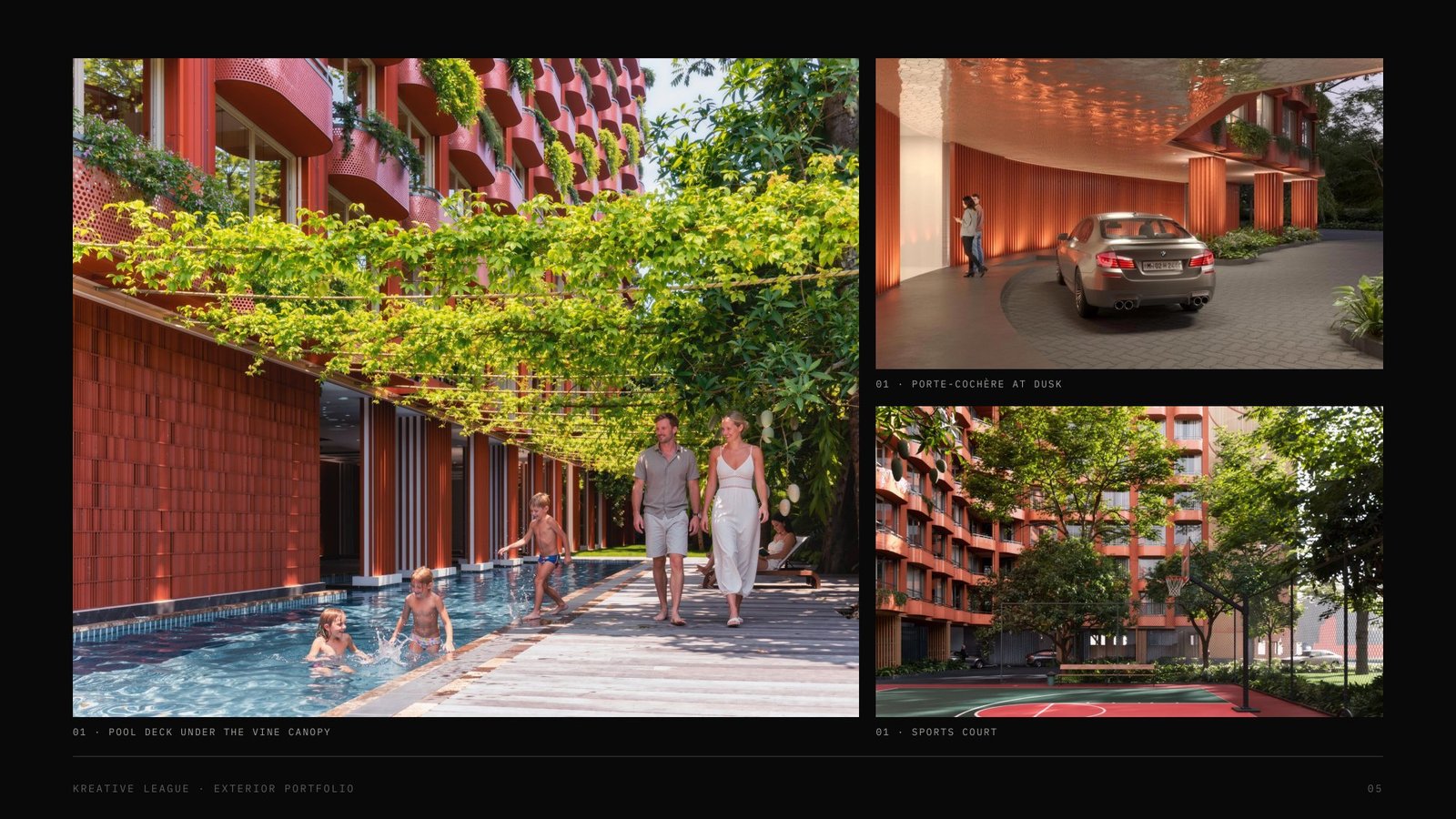 01 Terracotta Courtyard Residences - pool deck, porte-cochère at dusk and sports court