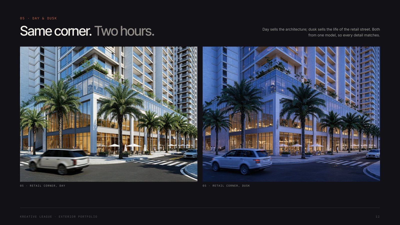 05 Twin Towers and Retail Podium - same corner, day and dusk